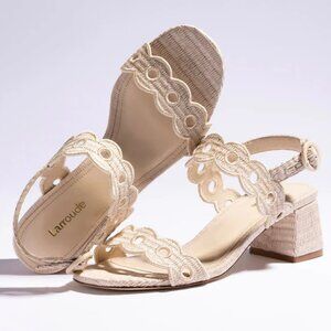 Larroudé Florence Broderie Beige Raffia Sandals